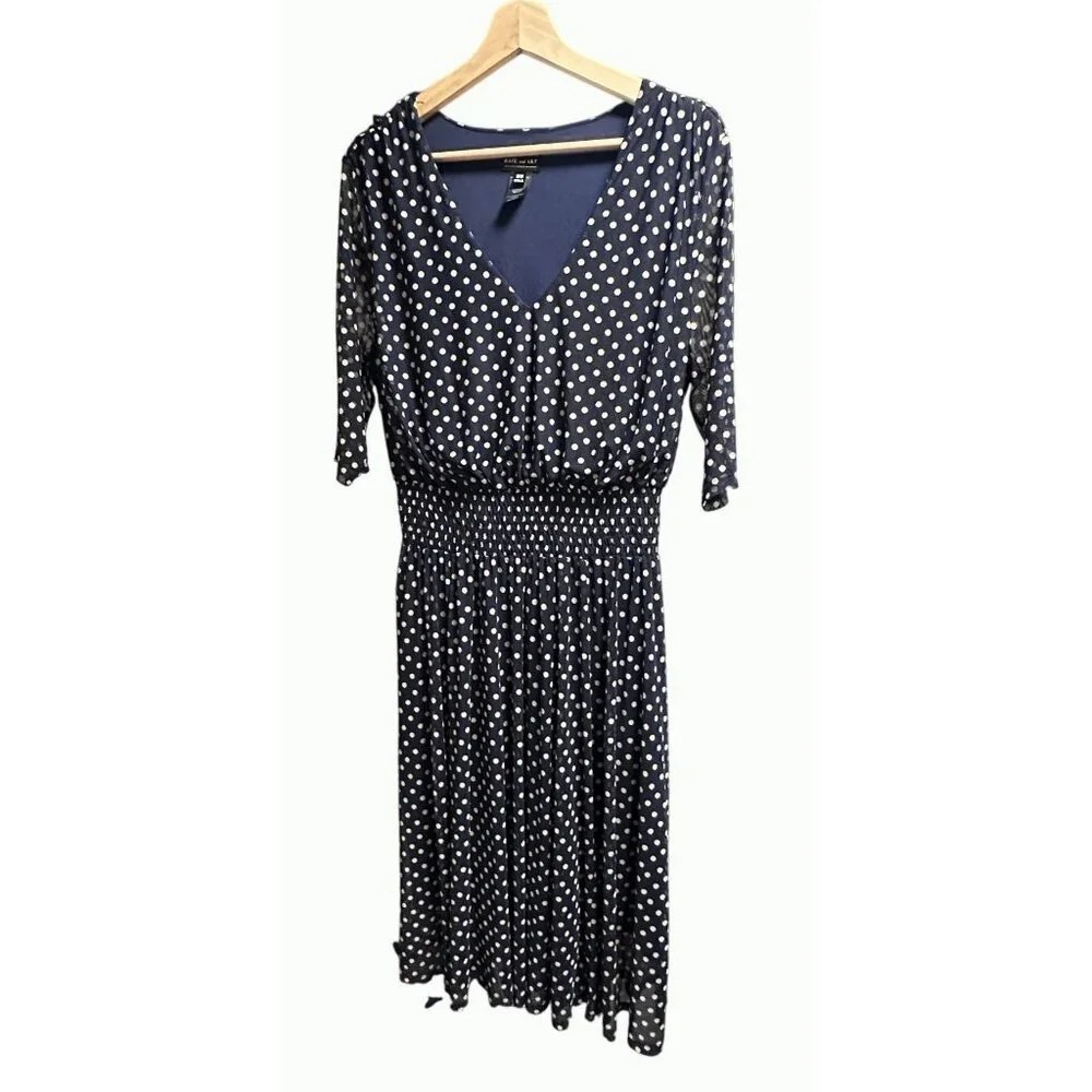 Kate & Lily Blue White Polka Dot V-Neck‎ Midi Dress Elbow-Length Sleeves Size 16